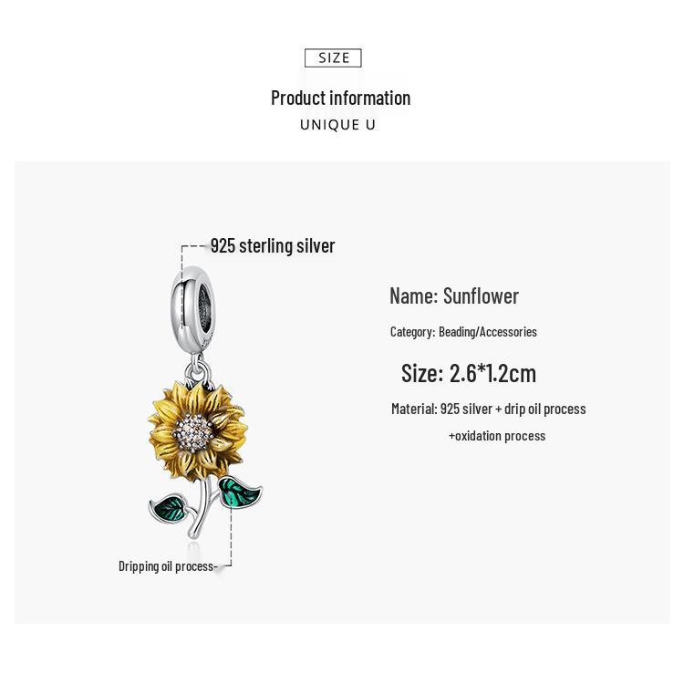Sunflower S925 Silver Bracelet Pendant, Shining Sunflower DIY Beaded Accessories SCC2079