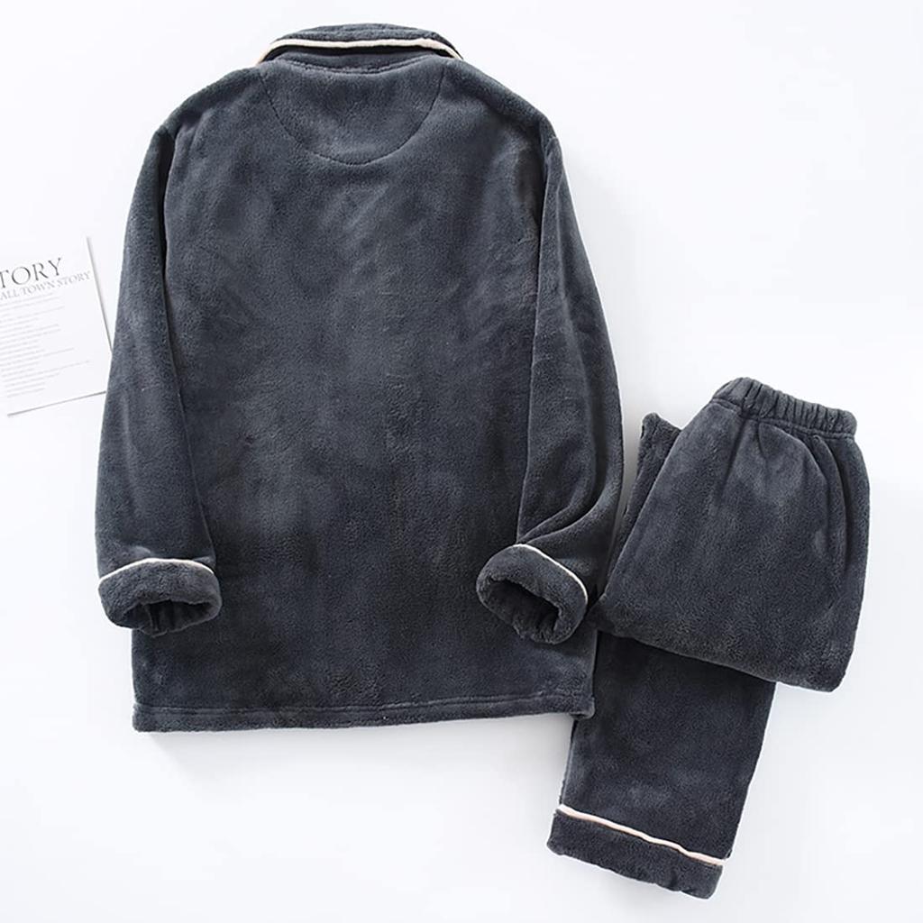 Wechose Flannel Pajama Loose Brushed Fleece Long with Collar and Soft and Comfortable for Fall and Light Gray Men's Set, Loungewear, Fit, Double-Sided