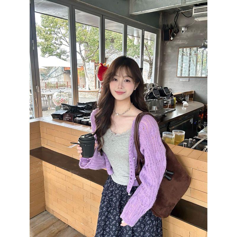 2026 Spring and Autumn New Korean Style Retro Gentle Purple Plus Size Long Sleeve Cardigan Floral Long Skirt Three-Piece Set for Women