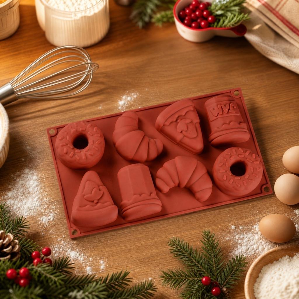 Silicone Baking Mold with 8 Cavities for Donuts Croissants Cake Slices and Holiday Shapes Flexible Non-Stick Bakeware for Christmas Baking