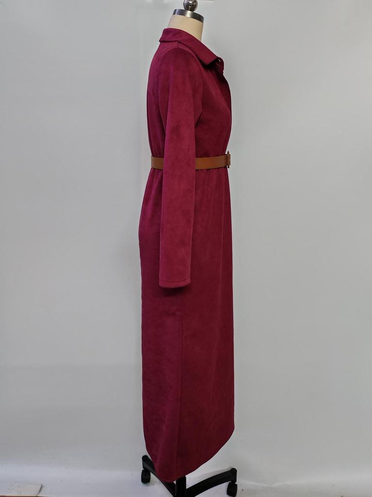2025 Autumn/Winter Suede Plush Waist-Cinching Belted Shirt Dress