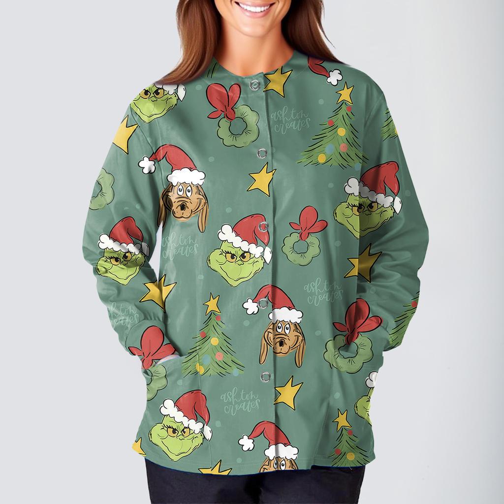 Women's Casual Fashion Long Sleeve Standing Collar Single Breasted Christmas Print Workwear Jacket Tops