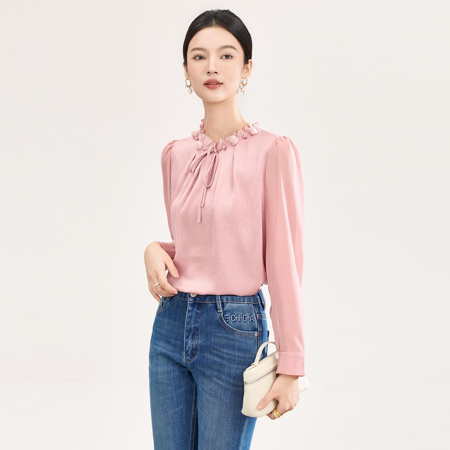 

Nanyou High-Quality Jacquard Crepe de Chine Patchwork Georgette Long-Sleeve Shirt: New Early Spring Arrival XL розовый