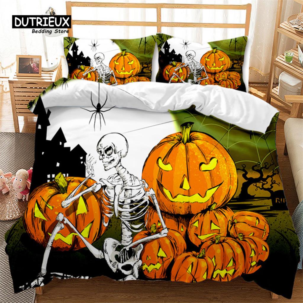 Cartoon Pumpkin Duvet Cover Gothic Halloween Skull Bedding Set Polyester Lantern Ghost Comforter Cover King For Boys Girls Decor
