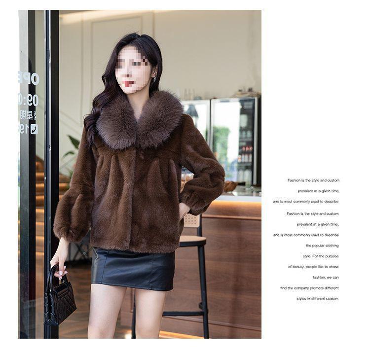 Women's Fashion Faux Mink Fur Coat with Large Collar and Velvet Detailing
