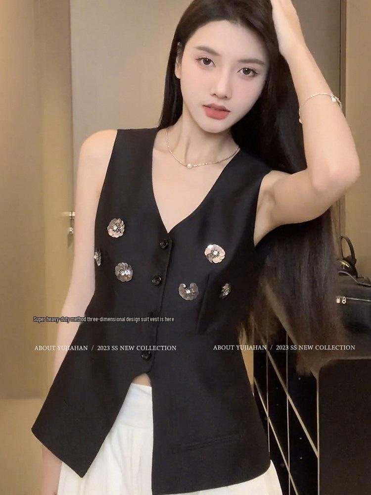 Women s 3D Floral V-Neck Vest Top - French Design, Spring/Autumn Slim Fit XL