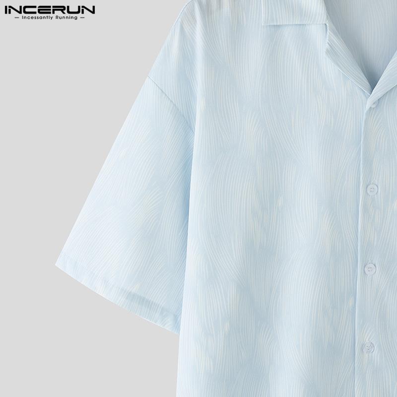 INCERUN Summer Oversized Men Lapel Neck Short Sleeve Print Casual Shirts