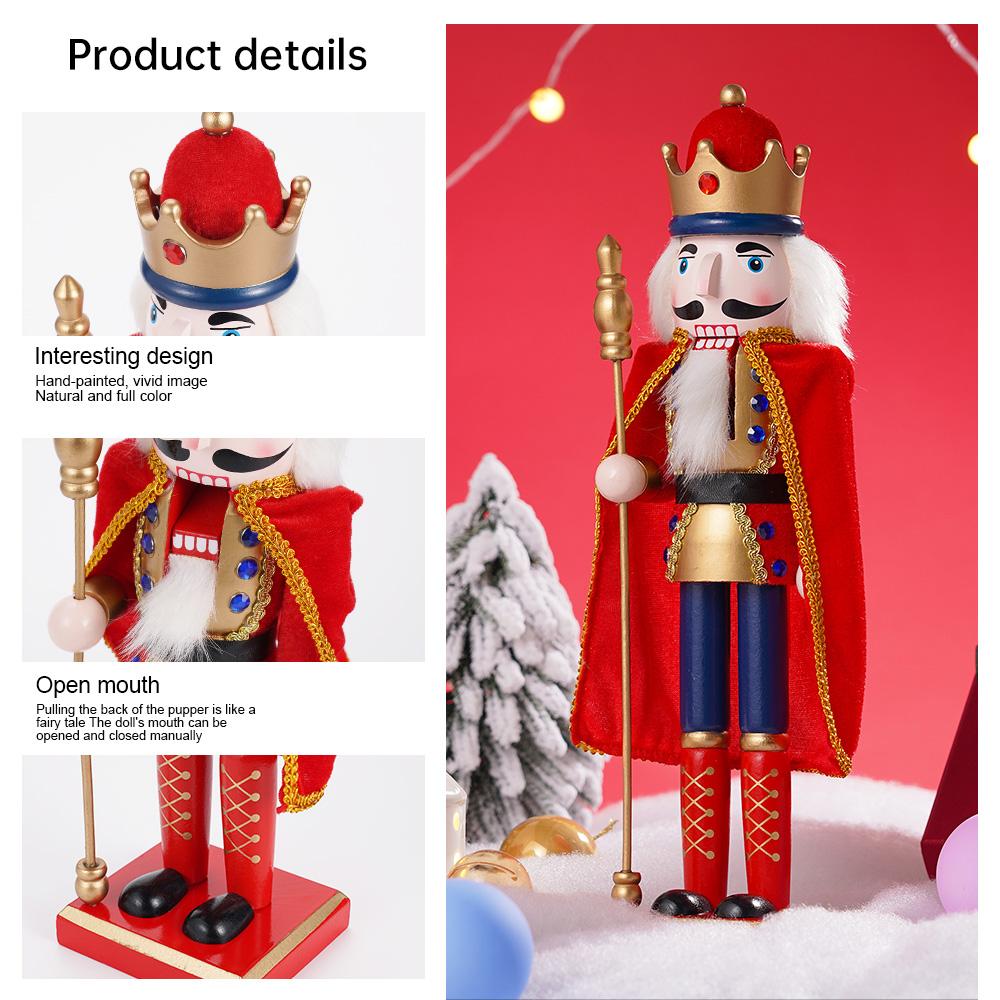 38CM Nutcracker Puppet Solider Merry Christmas Decoration Cloak King Wooden Doll Walnut Handcraft Figurine Home Office Decor