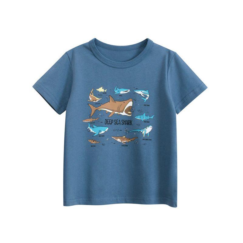 27Kids Children's Clothing Korean Style Kidsren's Round Neck Short-Sleeved T-Shirt Boys Shark Ocean Clothes Baby Boy Pure Cotton Top