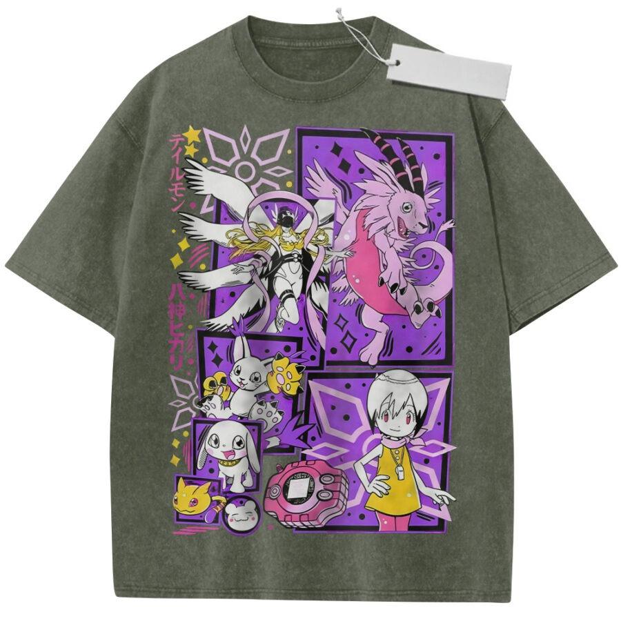 Unisex Washed Purple Vintage T  Shirt Digimon Adventure Characters High  Quality Fabric for Home Leisure Travel Shopping