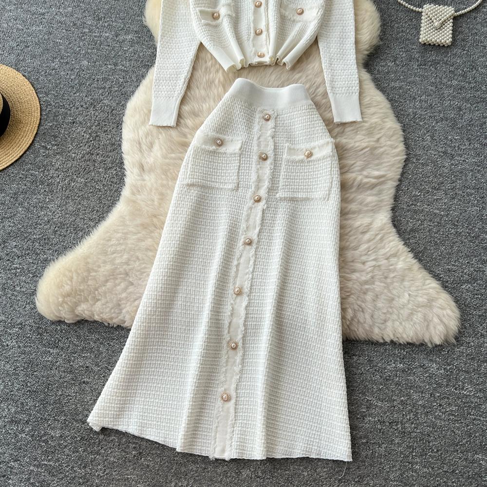 Autumn Winter Women Knitted Sweater Two Piece Set Full Sleeve V-neck Cardigans Coat and Long Midi A-line Skirt Outfits