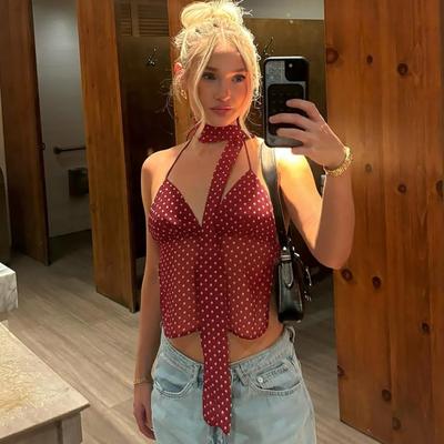 Women's Summer New Sexy Polka Dot Deep V Lace-up Small Suspender Backless Tube Top Small Vest