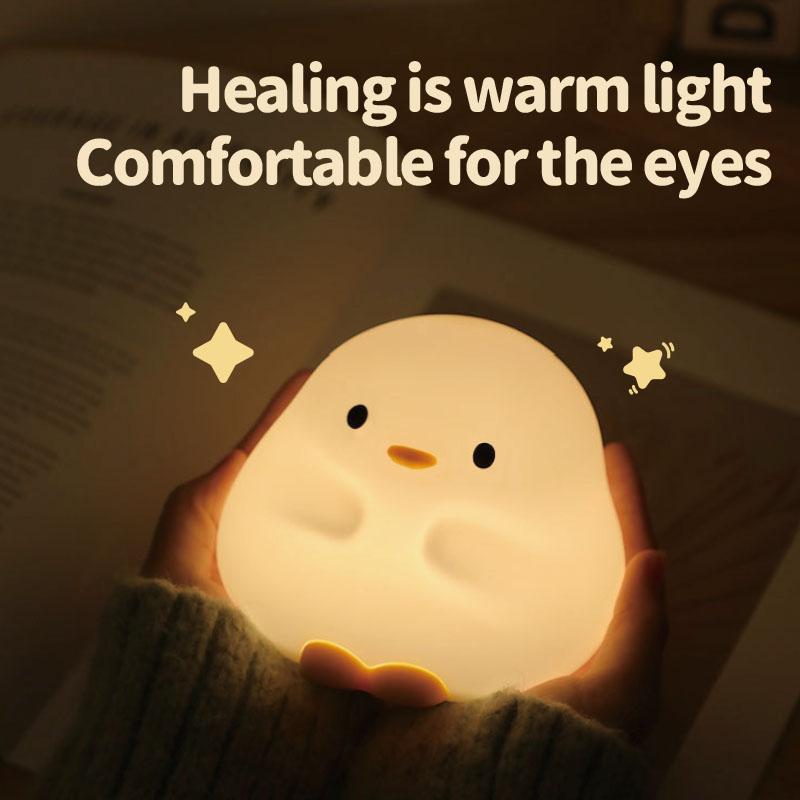 Cute Duck Cartoon Animal LED Night Light - Silicone Touch Sensor Timing USB Rechargeable Lamp for Children Birthday Presents