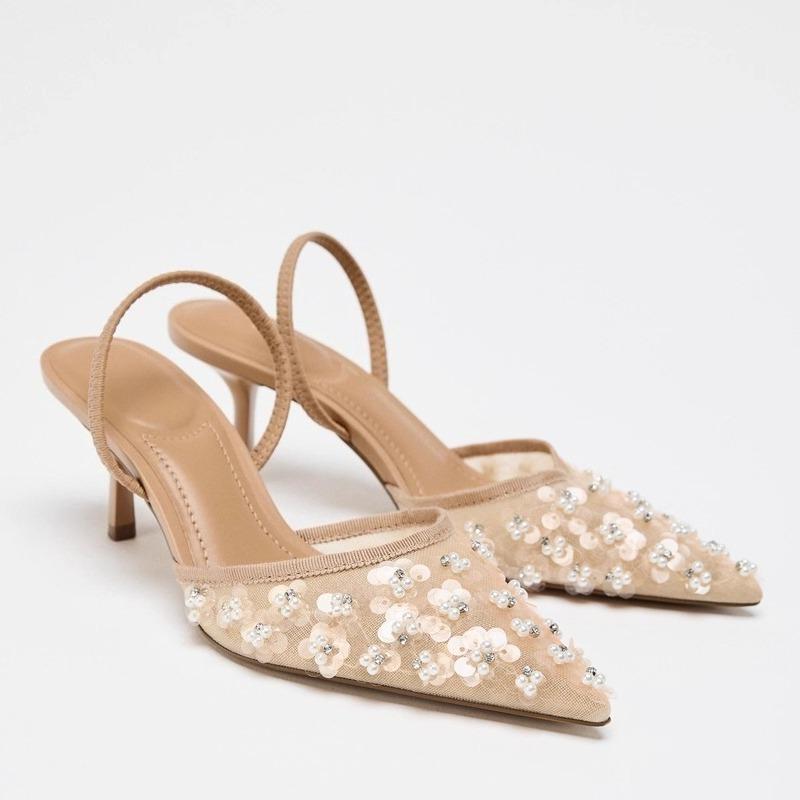 Fashion White String Bead Sequins Decorated Mesh Pumps Women Sexy Pointed Fine Heels for Women Elegant Banquet Wedding Designer Shoes