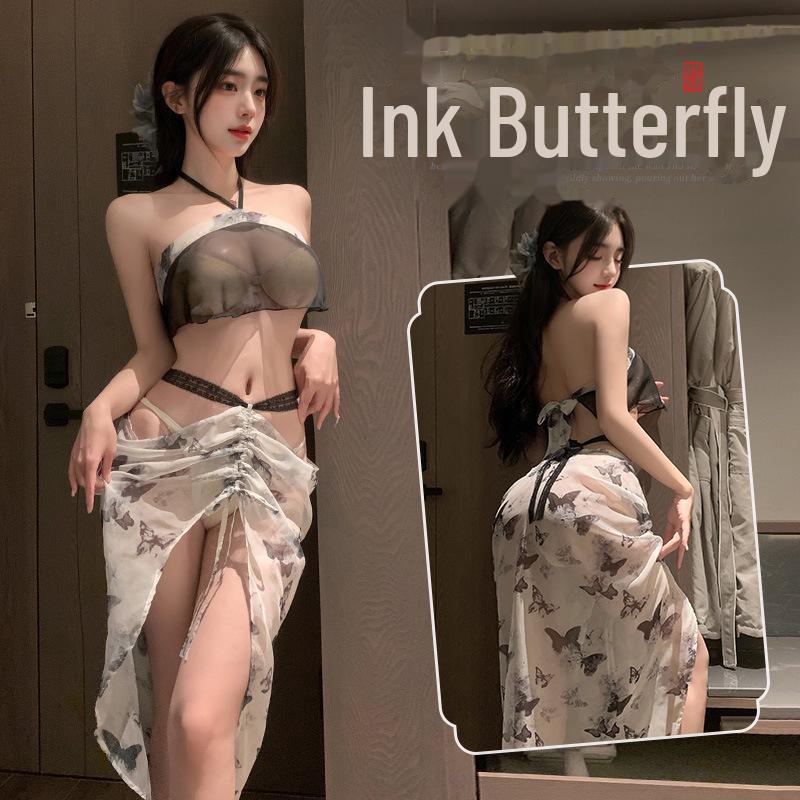 Feimu Chinese Ink Butterfly Print Nightdress & Lingerie Set - Sexy, Sheer, Alluring (Style 6712)
