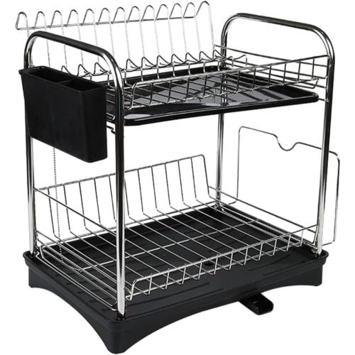 RUNCAN Dish Drainer, 2-Tier Stainless Steel Dish Drainer, Rust-Proof, Automatic Drainage, Automatic Drying, Large Plate Holder, Large Capacity, Easy A