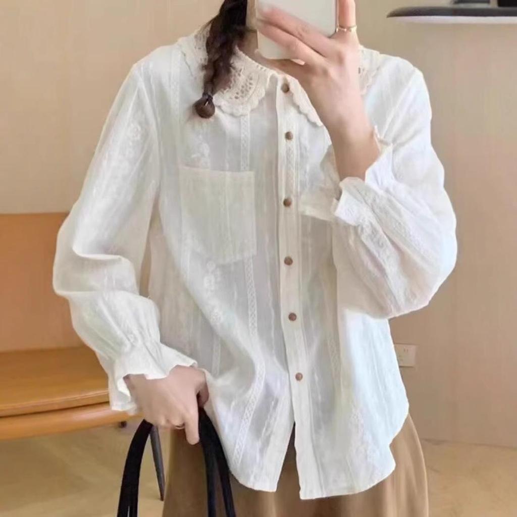 Women's Lace Peter Pan Collar Blouse - Spring 2025: Korean Style, Jacquard Embroidery, Long Sleeves, Loose Fit