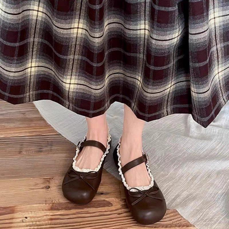Lolita skor med rund tå, spets, Mary Jane-stil, nya enspänneskor med rosett, studentuniform, läderskor