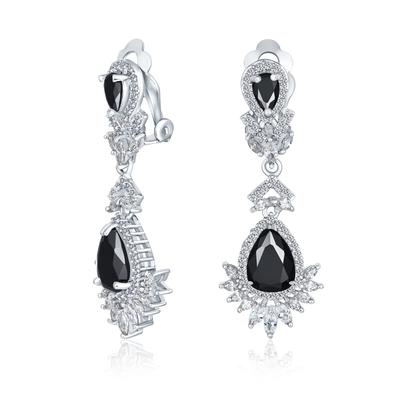 Bridal Simulated Black Onyx Cubic Zirconia AAA CZ Statement Dangle Formal Vintage Art Deco Style Chandelier Earrings Wedding Prom Pageant Silver
