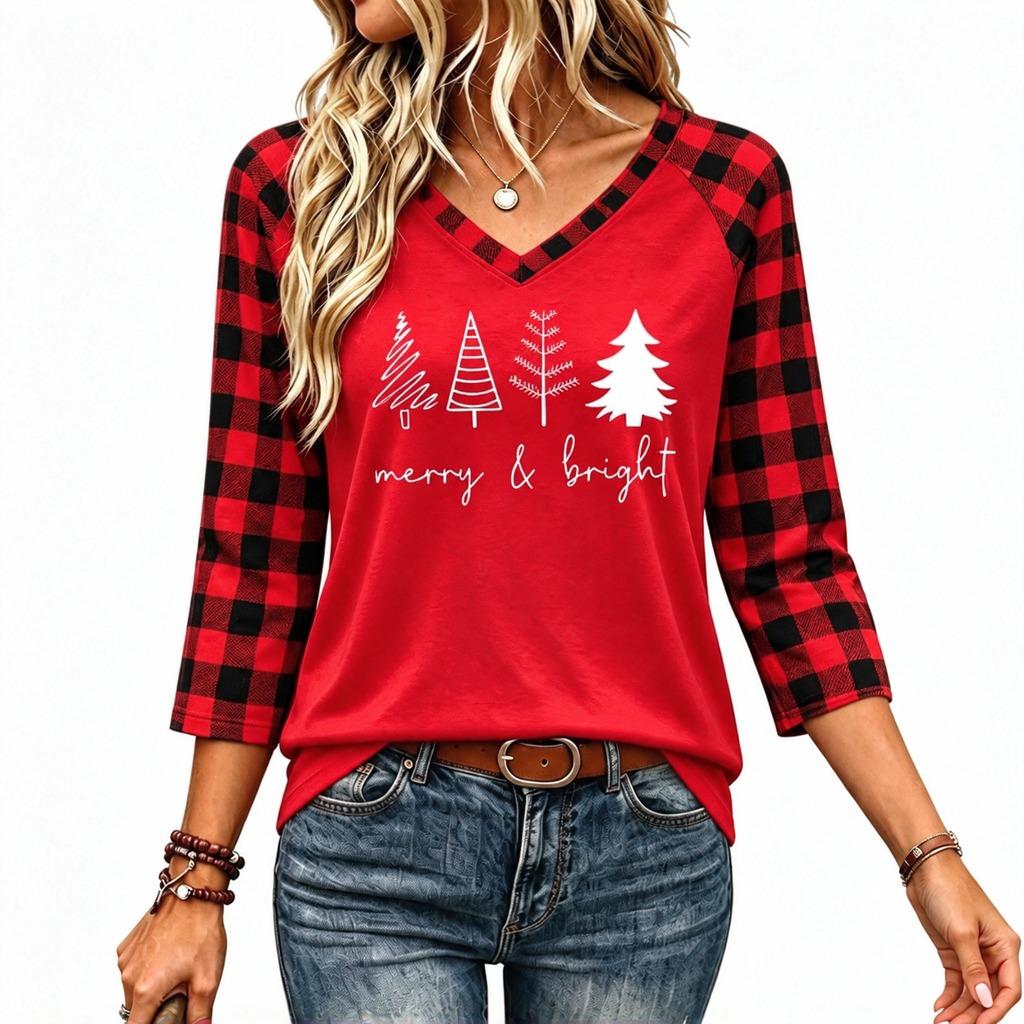 Women's V Neck 3/4 Sleeve Christmas Print Pullover Top Casual Holiday Shirt