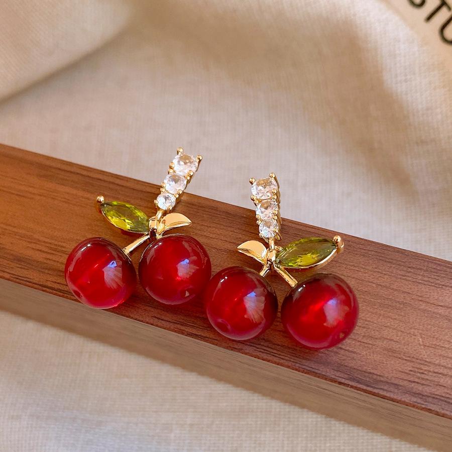 Retro temperament geometric zircon resin cherry stud earrings exquisite earrings women