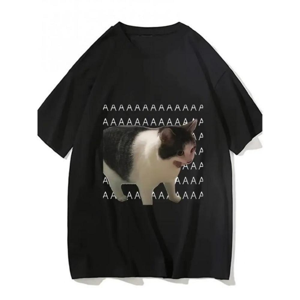 

European Sizes Funny Fashion Meme Sad Crying Cat Print Casual Comfort T-Shirt, Breathable Polyester, 2D Heat Transfer Print S чёрный