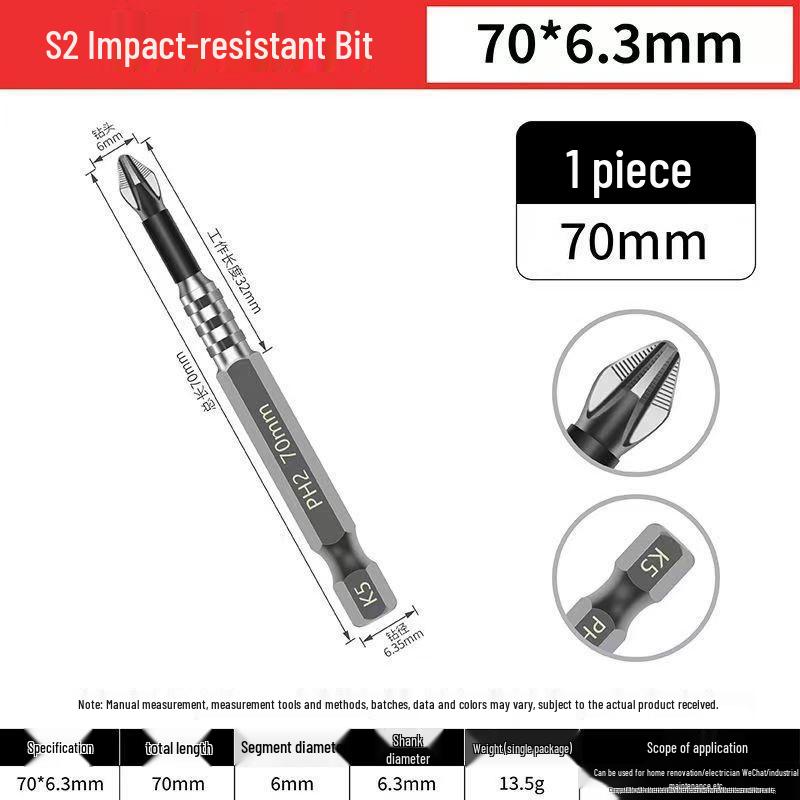 Impact-Resistant Magnetic Phillips Screwdriver Bit, Anti-Slip, High Hardness, Compatible with Electric/Hand Drills and Hex Air Drills