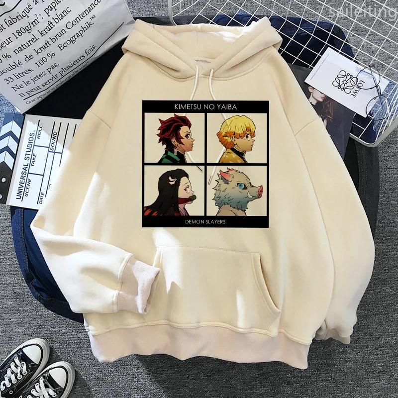Japan Anime Demon Slayer Hoodies Japanese Casual Kangaroo Pocket Hoodie Harajuku Cartoon Manga Khaki Pullovers Aesthetic Clothes