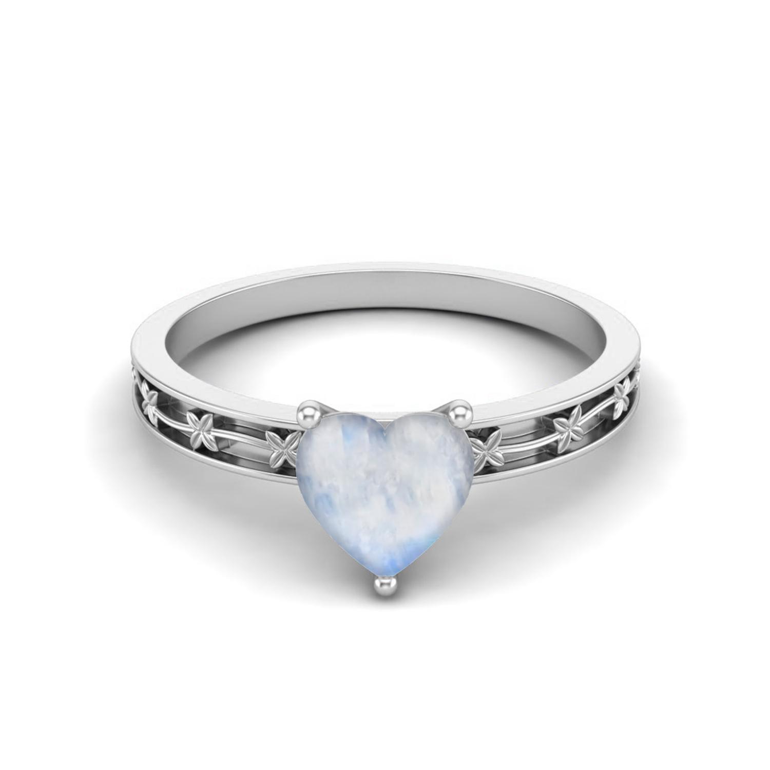

925 Sterling Silver 0.75 Cts Heart Shape Moonstone Solitaire Flower Engraved Shank Wedding Women Ring 10 белый