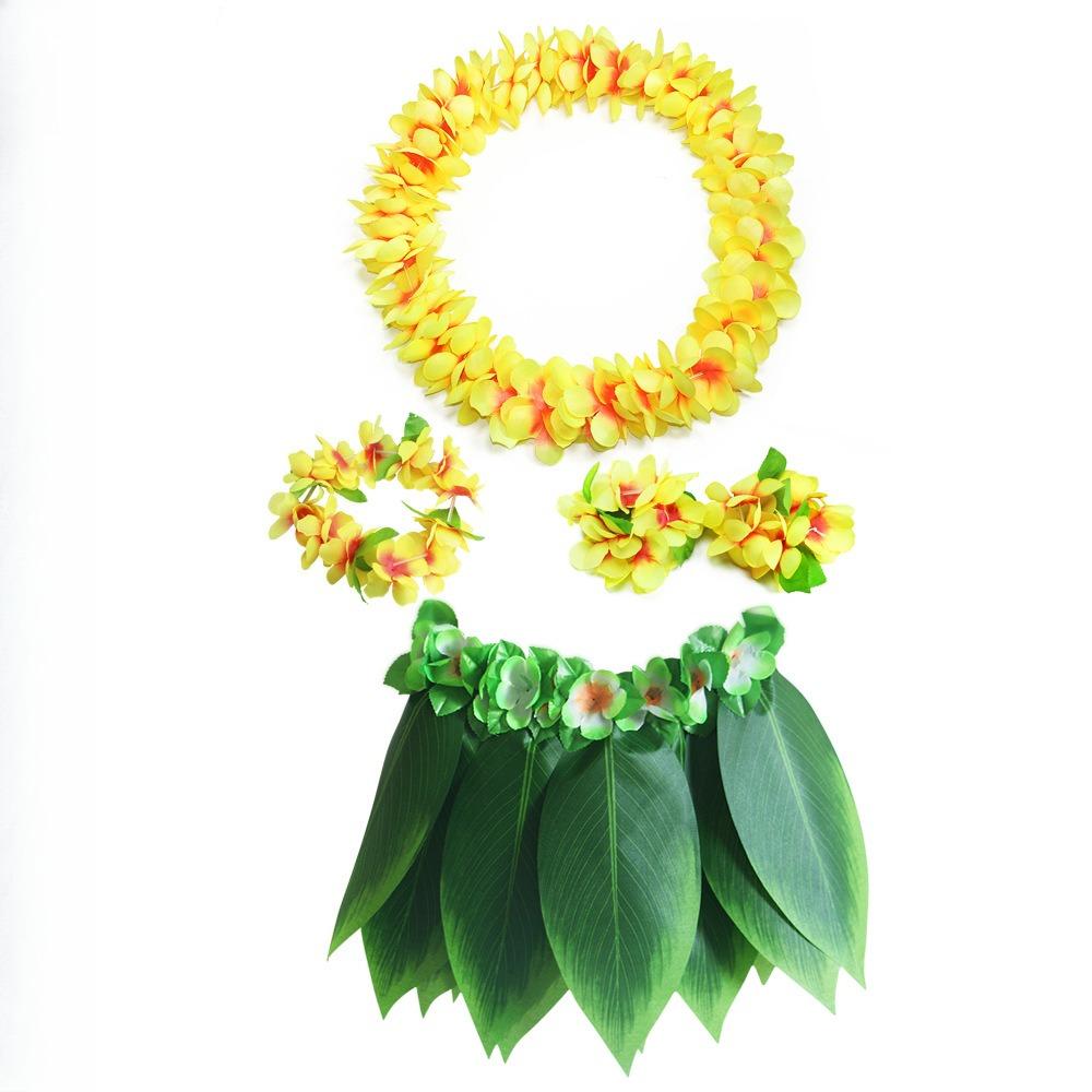 Hawaiian Luau Costume Set Leaf Skirt Flower Lei for Kids Adults Party Outfit