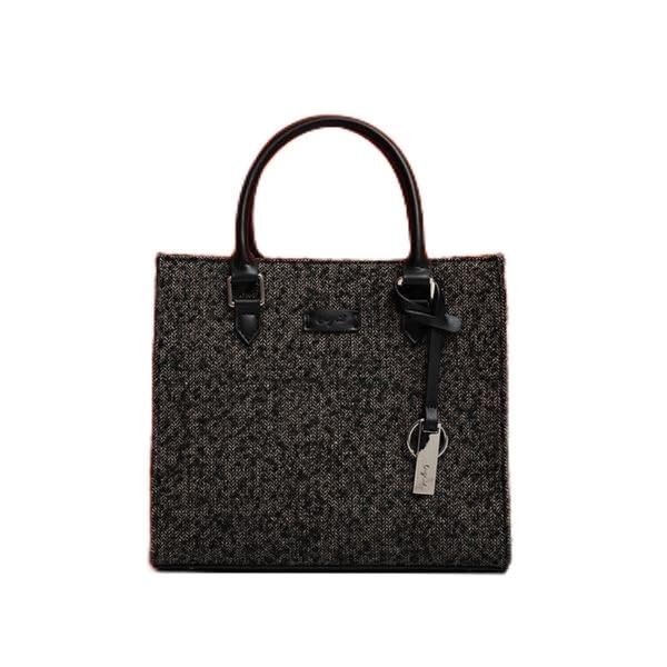 

[Anglit] Herringbone Fabric Double Flap Pocket Square Handbag with Key Charm, Black, Size F