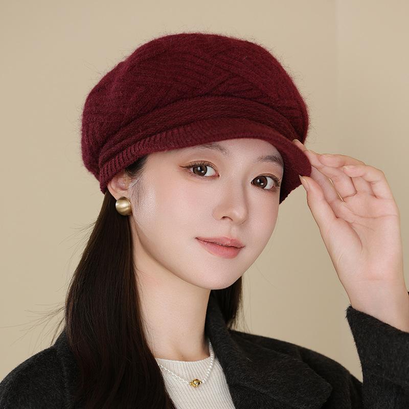 Hat Women's Autumn and Winter Wool Hat Fashion Rabbit Hair Beret Fleece Thickened Knitted Cap