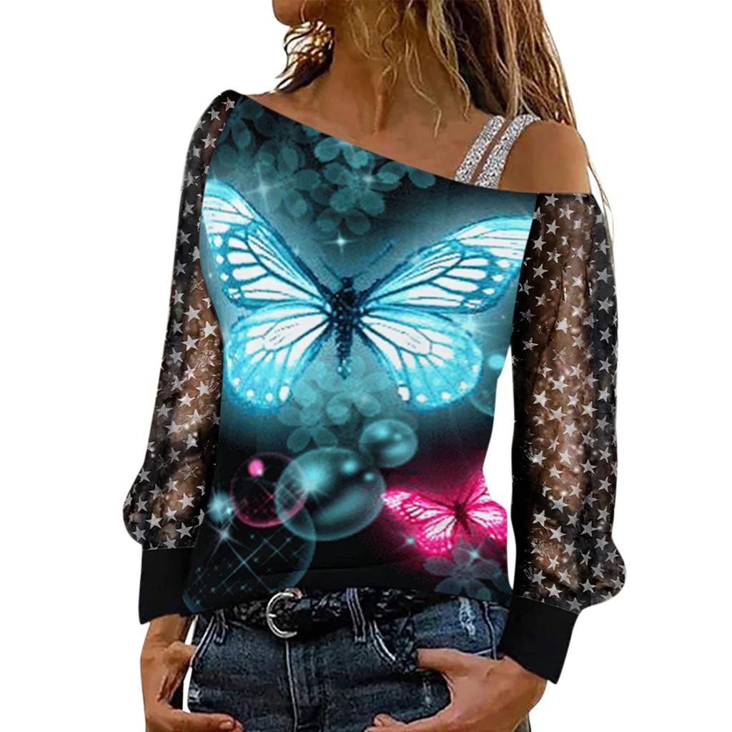 Ladies Casual Printed Irregular Off Shoulder Panel Hot Stamping Long Sleeve T-Shirt