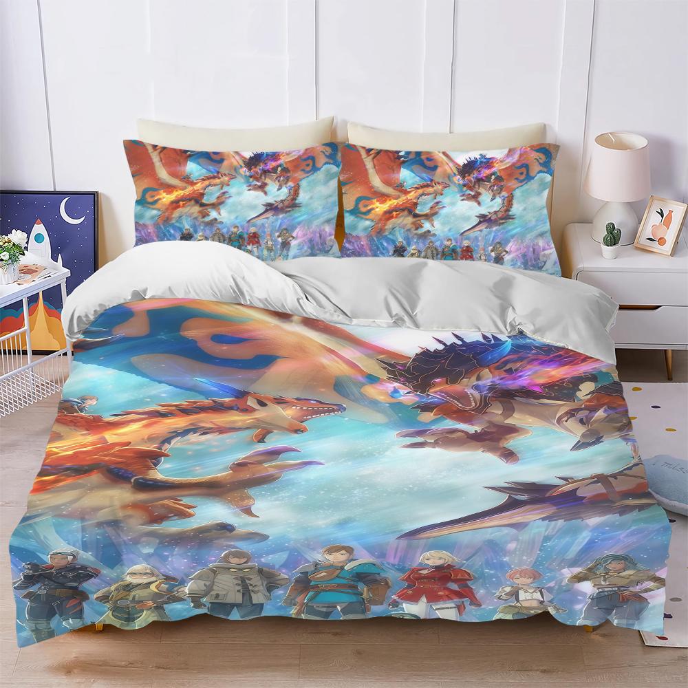 Grosstor Unisex Infant Game M-Monster Hunter Stories 3 Duvet Cover Set Soft Wash Bed 3 Piece Summer Comfortable Student Dormitory Home Baby Bedding 200Cm