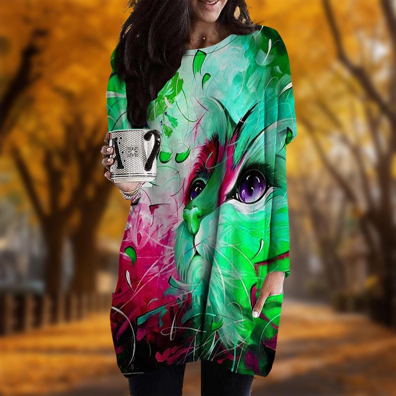 New In Autumn Cat Universe Print Plus Size Dress Women O'neck Long Sleeves Casual Pocket Dresses