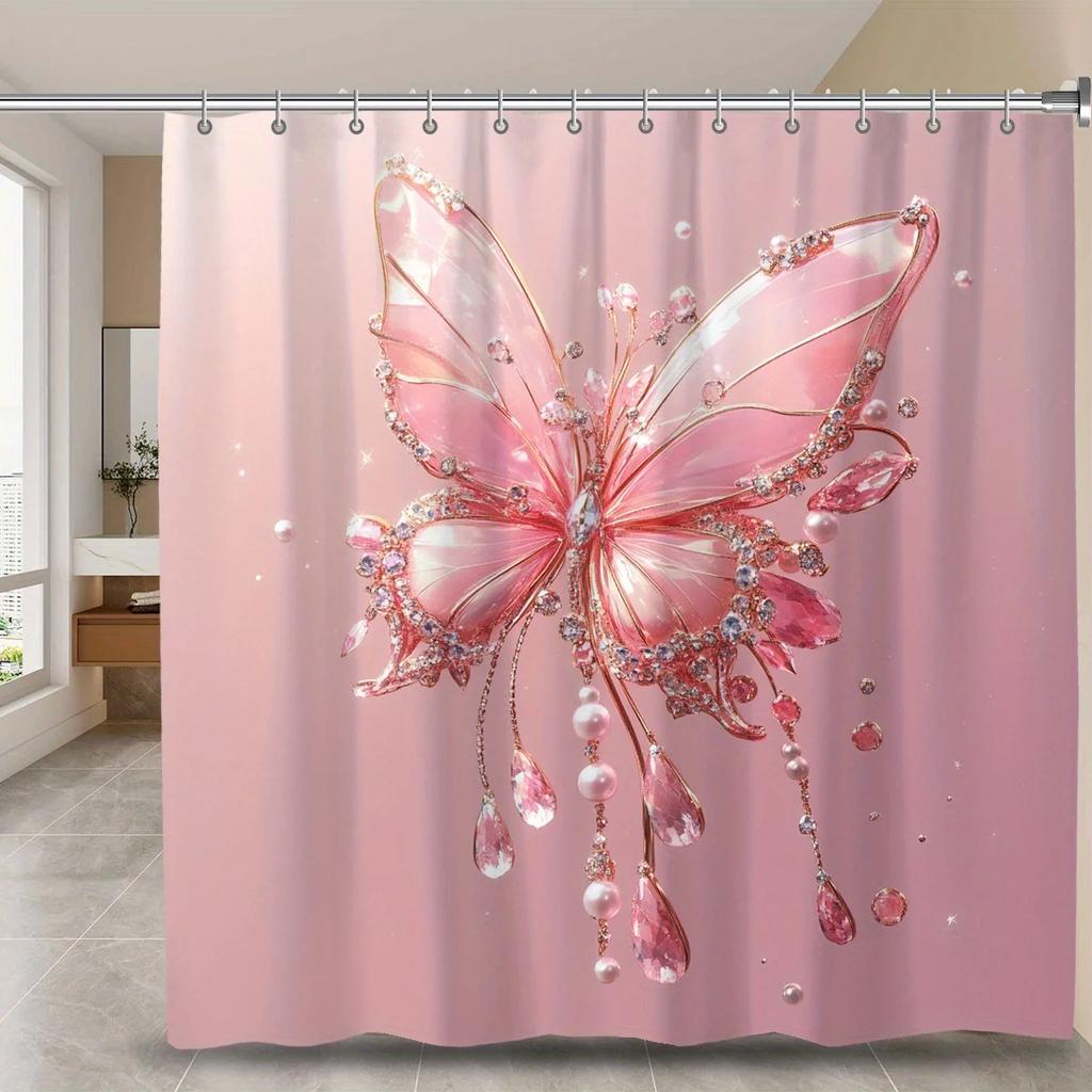 1pc Shiny Pink Butterfly Print Waterproof Shower Curtain, Stain Resistant, Machine Washable Polyester Bathroom Decor with Hooks