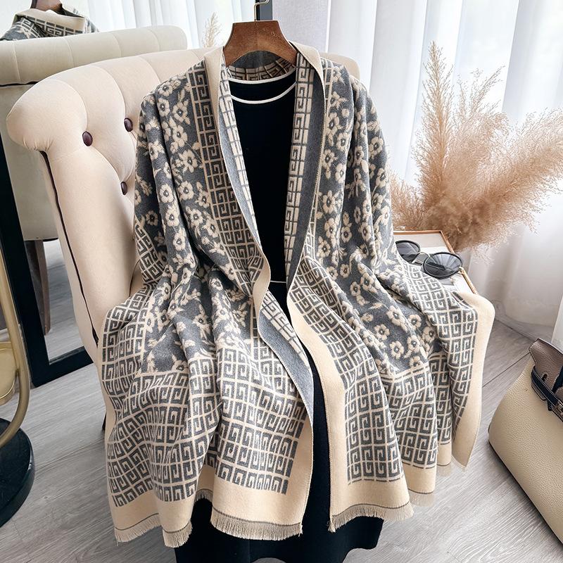 Versatile Pattern Printing Double-Sided Imitation Cashmere Scarf Winter High-End Warm Shawl Women