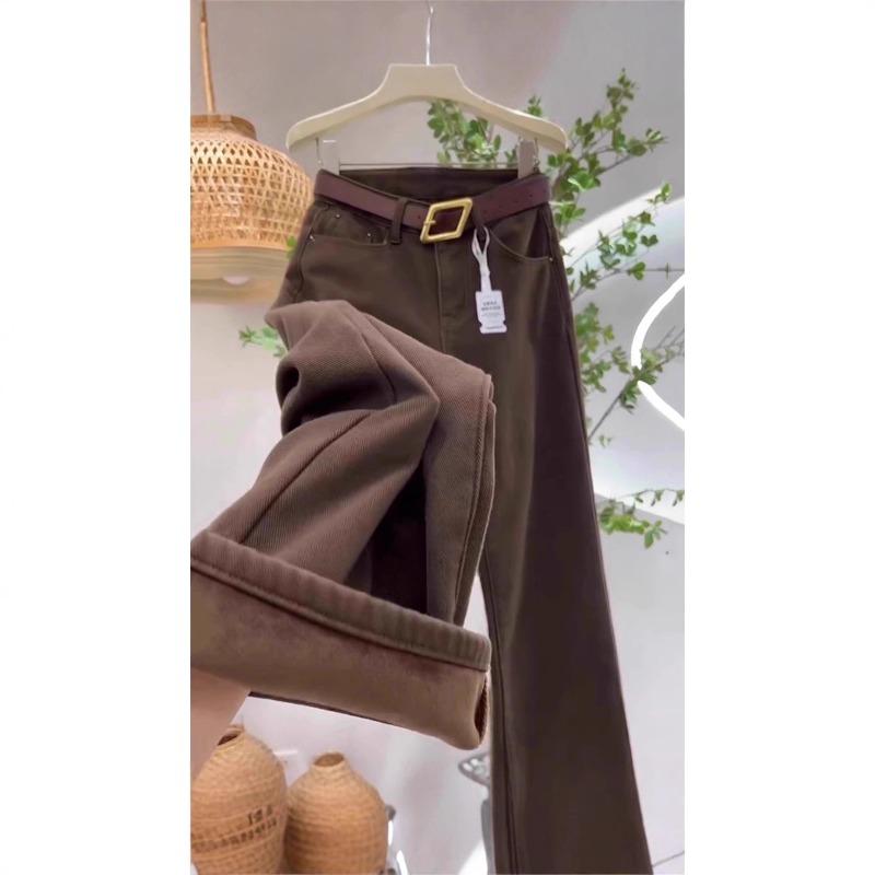 Fleece coffee wide-leg jeans women's winter, new high-waisted and thin pear-shaped narrow version straight pants