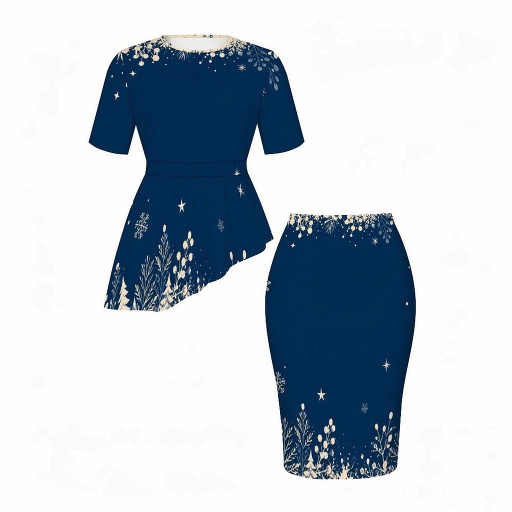 Women Plus Size Round Neck Short Sleeve Printed Navy Blue Asymmetric Top Fitted Skirt Two Piece Set