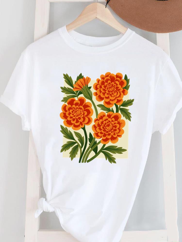 (Asian Size) Short Sleeve Women's Top T Female Print  Fashion ladies O-neck Casual trend lovely flower cute Clothing  Graphic Tee T-shirts