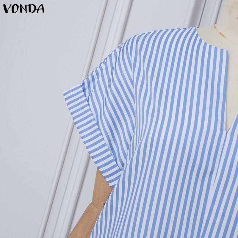 VONDA Summer Women V Neck Long Sleeve Striped Thin Casual Long Wide Leg Jumpsuit Rompers For Tall