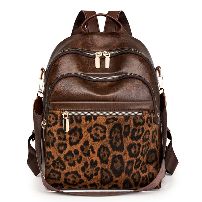Vintage Rucksack mit Leopardenmuster Weiches Leder Damen Rucksack mit großer Kapazität
