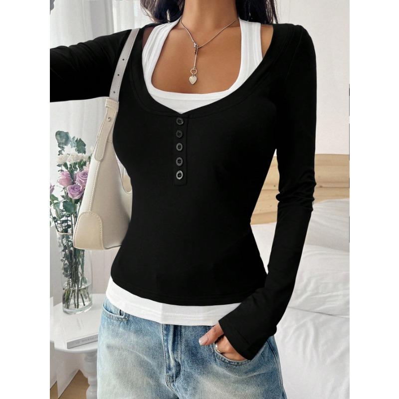 DAFIFY Damenmode, lässig, Frühling und Herbst, einfarbig, langärmelig, quadratischer Kragen, Blusen und Hemden