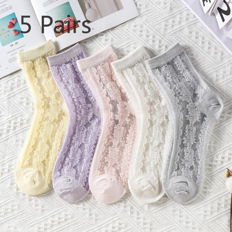 5 Pairs of Women's Summer Super Thin Polka Dot Cotton Sole Anti Hook Embroidered Clear Crystal Stockings