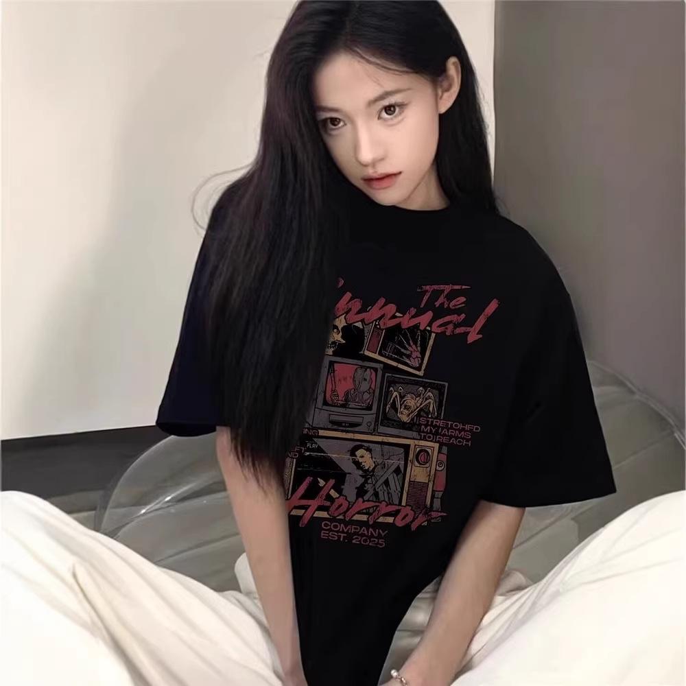 American high street black large size short-sleeved t-shirt women's fat mm summer loose lazy wind half-sleeved couple top
