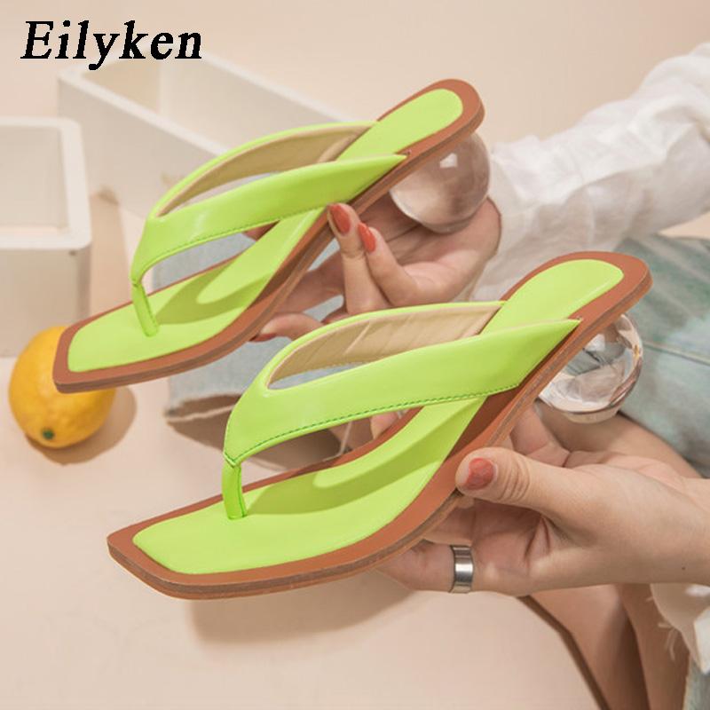 Fashion Eilyken Square Head Pinch Slippers Crystal Transparent Ball Low Heel Clear Women Flip Flops Slides Fashion Design Green Size 43