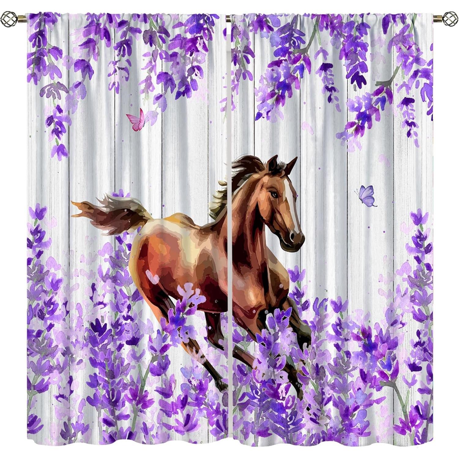 Farmhouse Horse Curtain Western Farm Animal Butterfly Horse Rustic Barn Door Lavender Vintage Country Window Treatments for 60×150cm