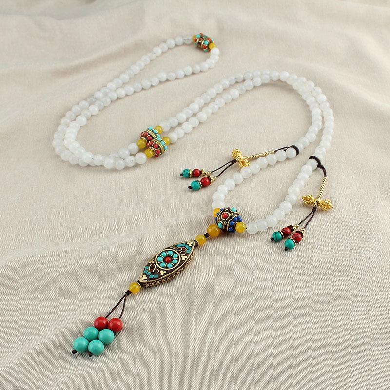 GEMCHIC Women s Vintage Chinese Style White Jade Bead Crossbody Chain with Tassel Long Necklace Accessories