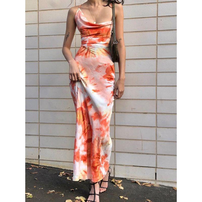 Holiday European American Summer New Tie-Dyed Sexy Sexy Open Back Tied Slim Fit Sling Dress Seaside Dress for Women