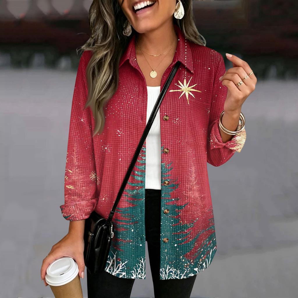 Damen Strickjacke mit Knopfleiste, locker geschnitten, Weihnachtsprint, Langarm Top für die Feiertage